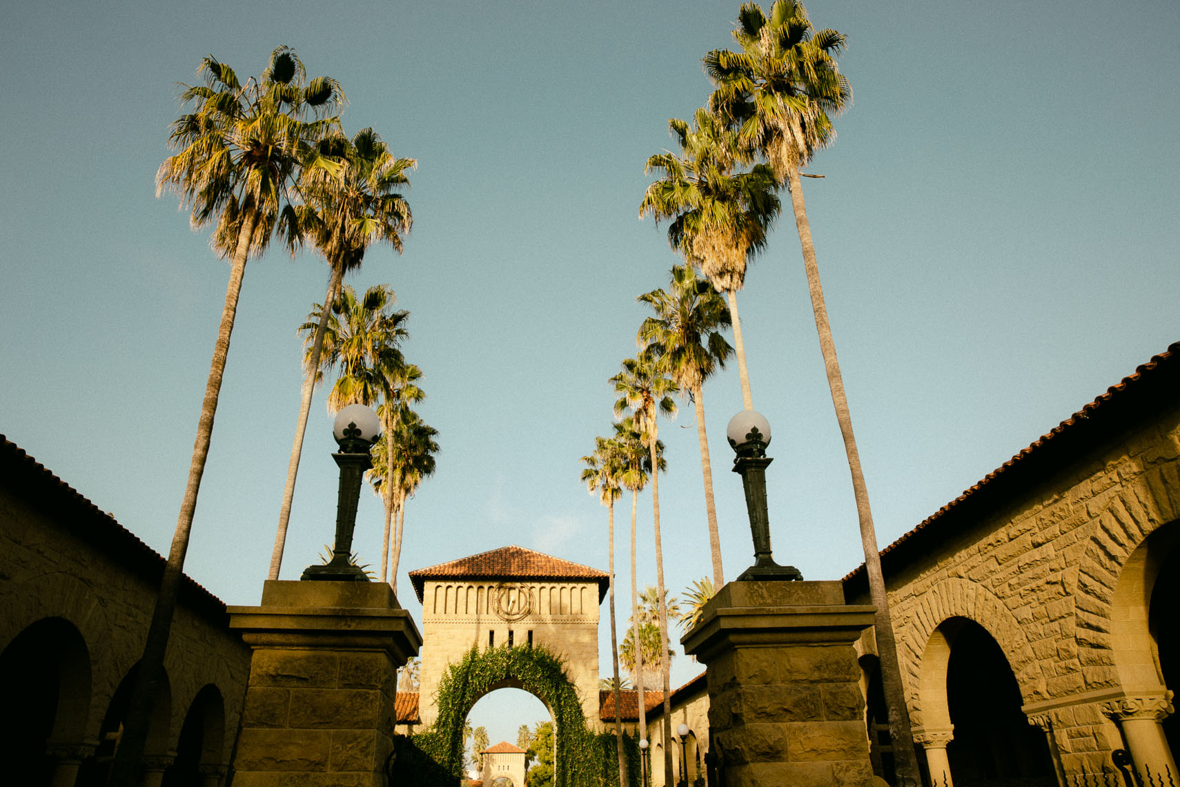 Stanford University quad with palm trees and arches.