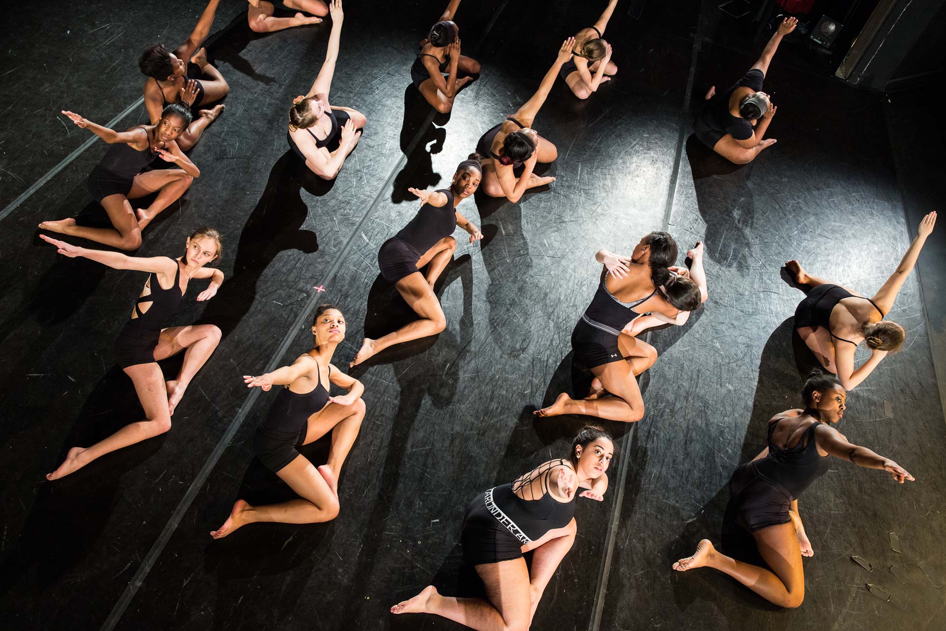 Aerial view of Ballet dancers on stage.