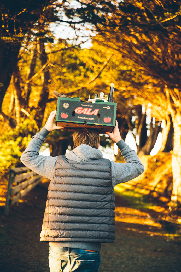 Person carrying crate of wine on head walking down path